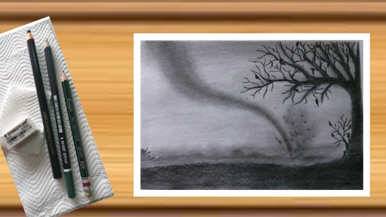 ภาพพายุหมุนทอร์นาโด แรเงา.   ด้วยดินสอ    2B + EE. Drawing Shading with pencil EE
