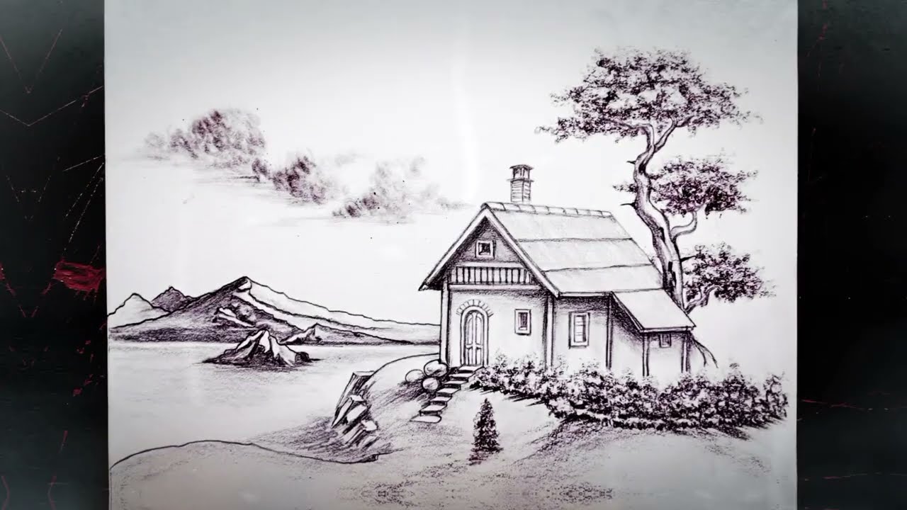 Minimalist Draw Landscape Scenery Cabin by the River | Easy Pencil Drawing Tutorial