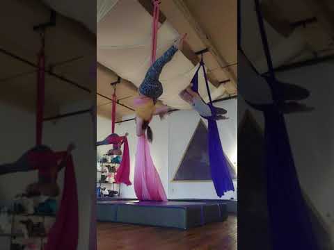 aerial silks sequence- angel hang to front dive to miracle split to front dive to Angel hang