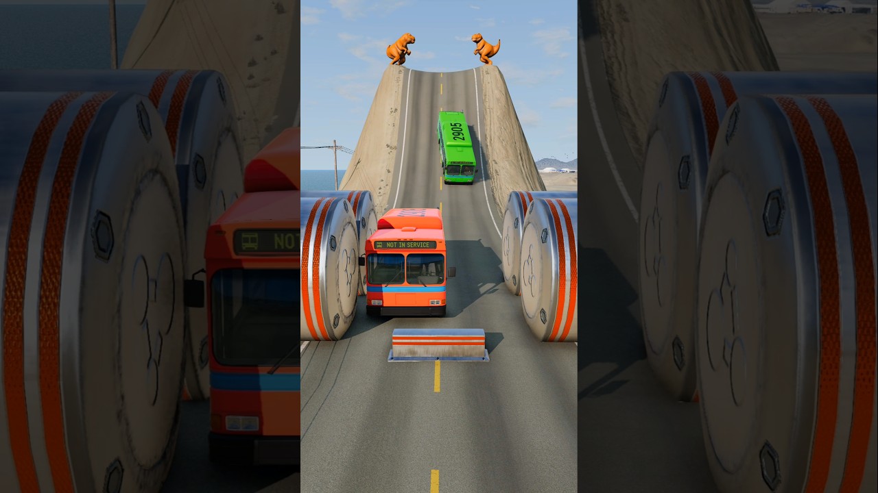 Красный и зеленый городской автобус против гидравлической дробилки - BeamNG.drive