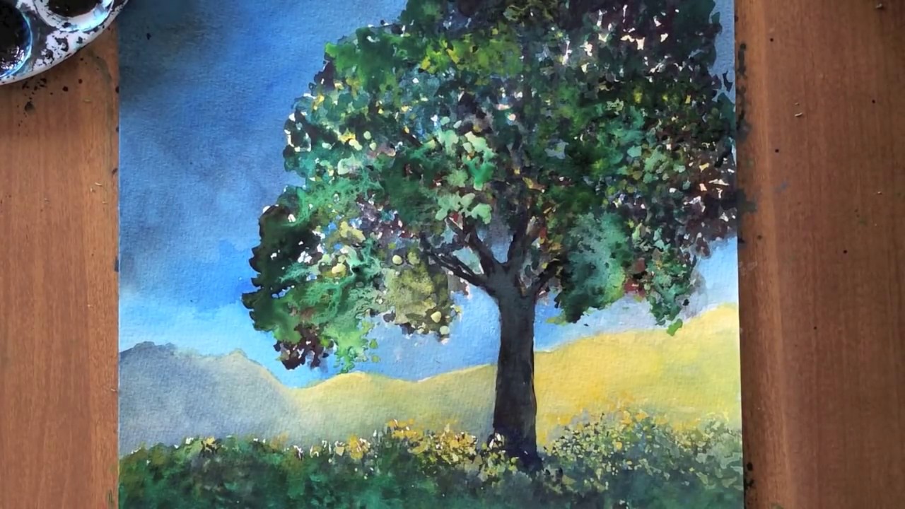 Lonely tree watercolor tutorial, a step-by-step lesson - YouTube