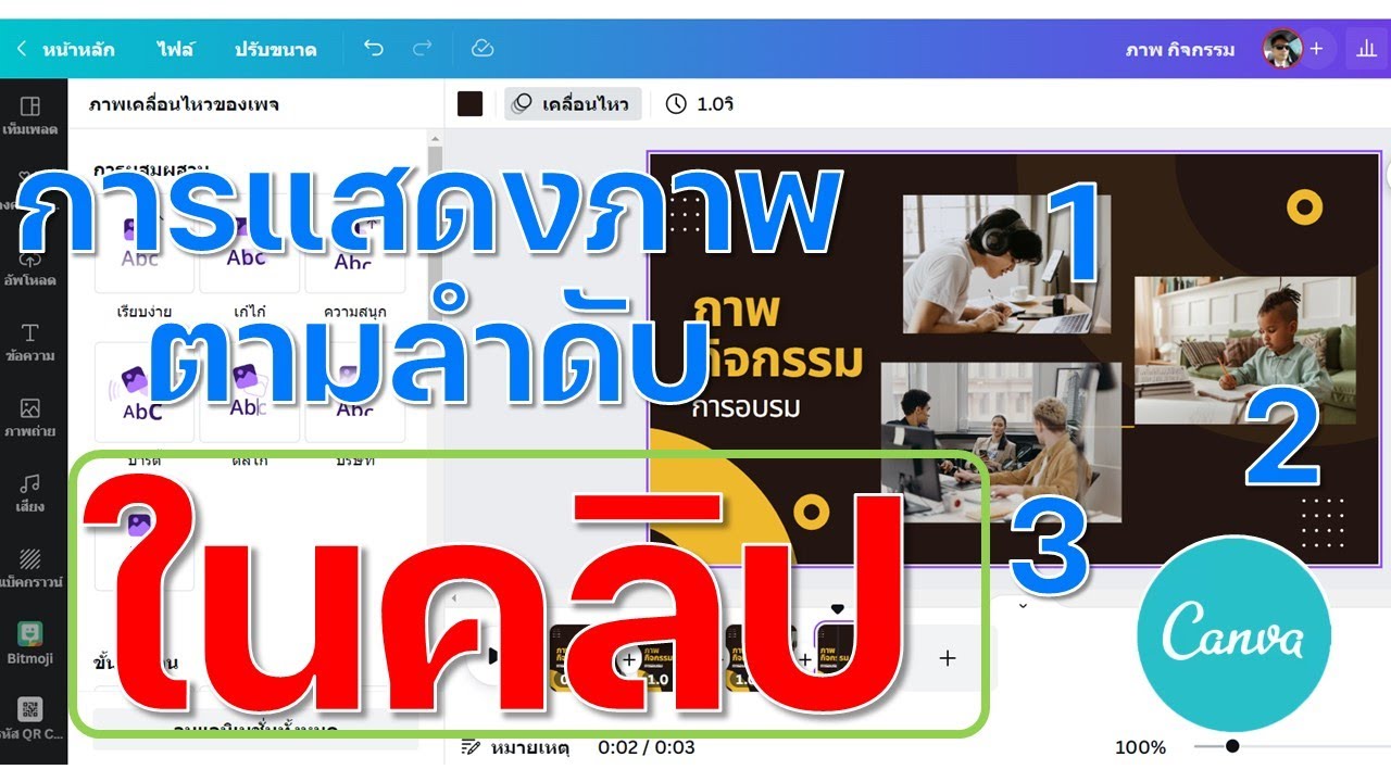 เทคนิคการแสดงภาพในฉากเดียวกันตามลำดับ ในการตัดต่อคลิปจากโปรแกรม Canva