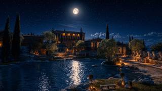 Moonlit Ancient Greek Garden Ambience | Water Sounds for Study &amp; Focus | AC Odyssey 4K 4 Hours