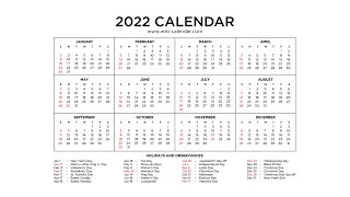 Year 2022 Calendar Printable with Holidays - Wiki Calendar