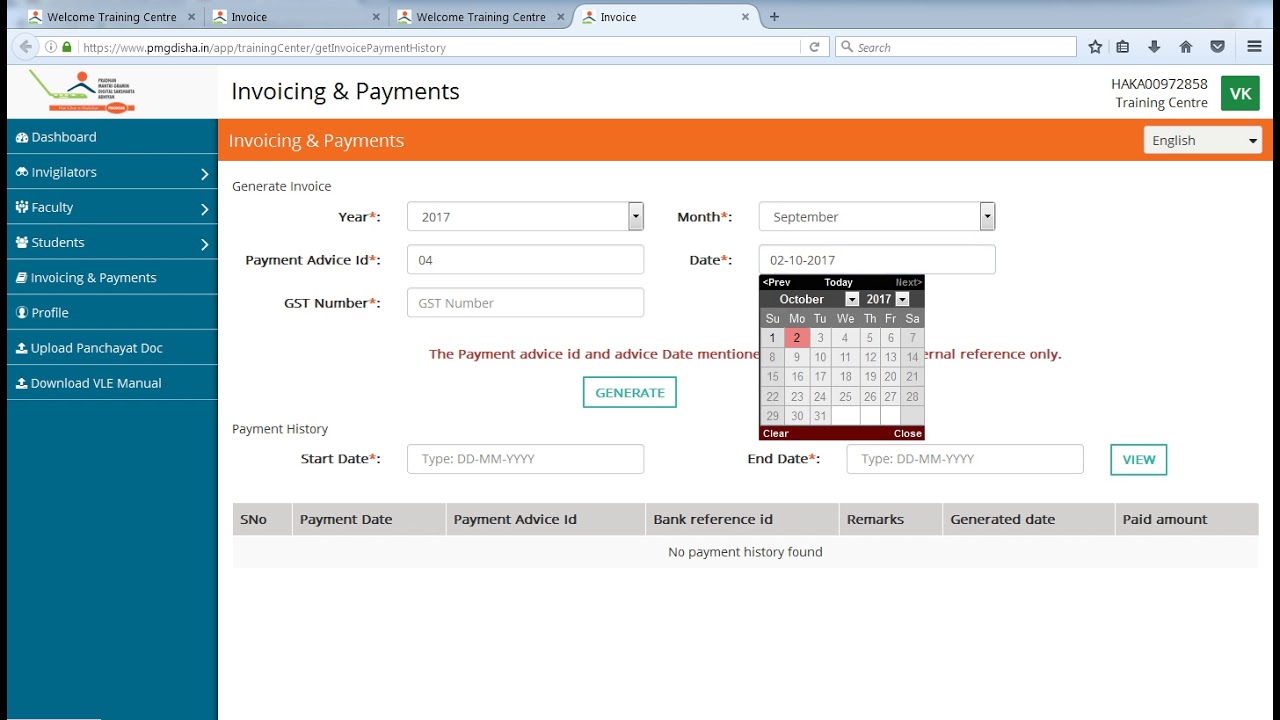 HOW TO GENERATE PMGDISHA INVOICE