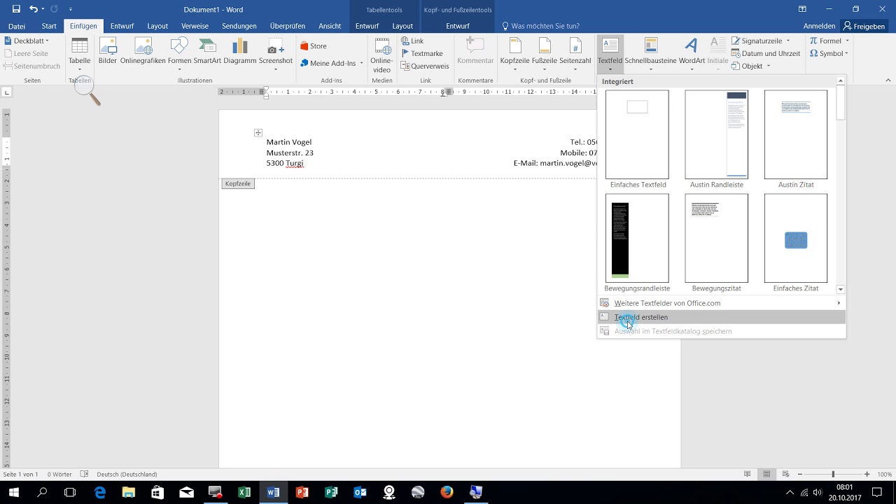Update New Word 2016: Brief einrichten: Schrift, Seite, Formate, Kopfzeile, Textfeld