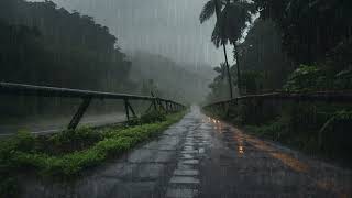 Best Rain Sounds for sound sleep | view of a cool mountain road accompanied by heavy rain