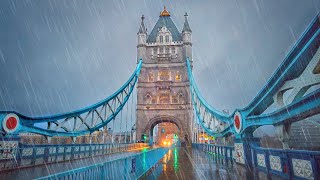 London Rain Walk  Early Morning City of London Ambience to Iconic Tower Bridge  4K 60FPS