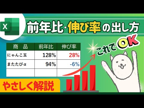 エクセルでの前年比や伸び率の計算式｜前月比や前期比の求め方
