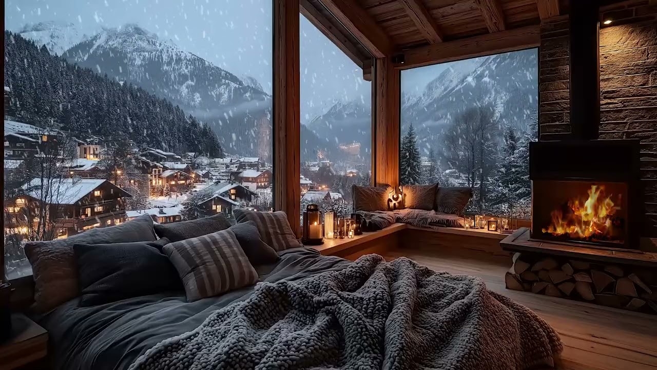 Tranquil Cabin Ambience with Fireplace Crackling and Snow Falling for Relaxation and Study Time