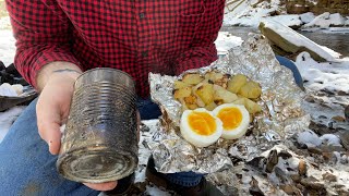 Campfire cooking with a SOUP CAN and TIN FOIL! Trash to survival treasure!