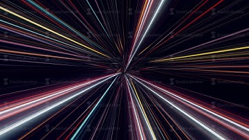 Flying in space with luminous neon lines. Animation. Jump in hyperspace with colorful light beams on