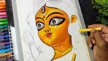 Durga Maa Drawing with Oil Pastel, How to draw Durga Mata, Step by step Tutorial