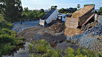 Nicely Landfill Task! Dump Truck Unload Stone into Deep Flood Land with Shantui DH17C3 Dozer Pushing