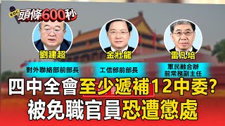 中共四中全會「至少遞補12中委」? 劉建超、金壯龍等人被免職「恐遭懲處」【頭條600秒】