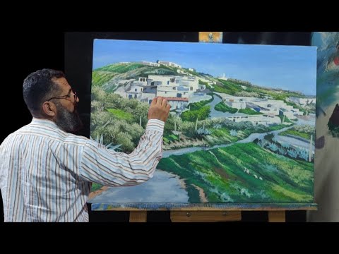 تعلم رسم المناظر الطبيعية بالفرشاة وألوان الاكريليك خطوة بخطوة رسم منظر ريفي من المغرب