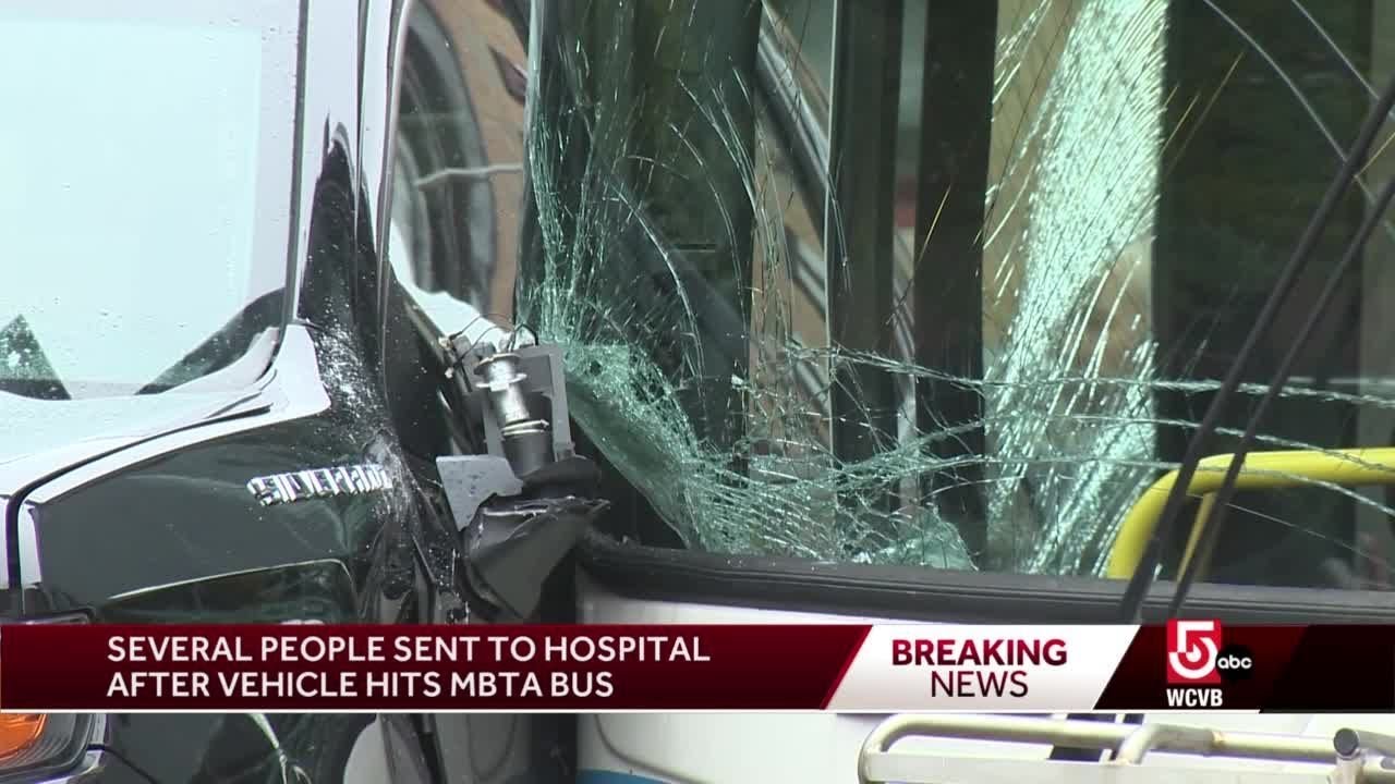 Pickup crashes into MBTA bus - YouTube