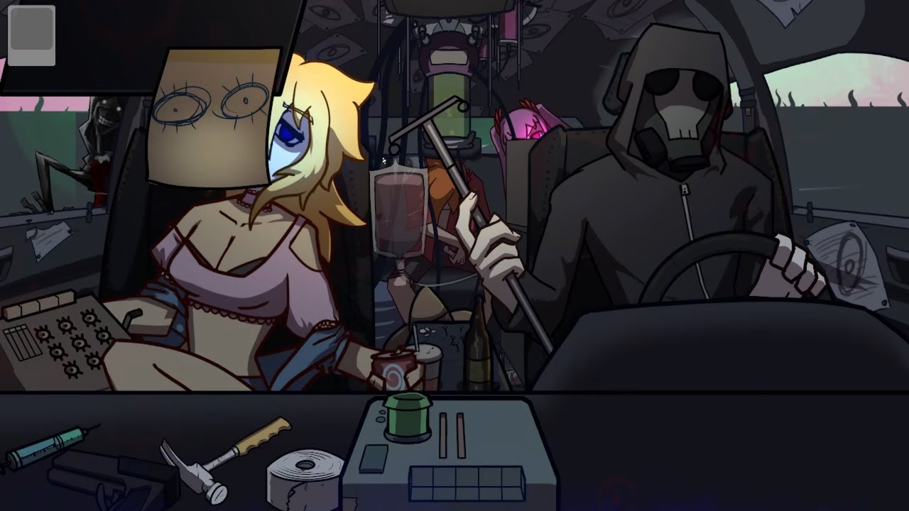 Хоррор-игра с машиной, в которой находятся женщины, мужчина в маске и головоломки. Садитесь в маш...