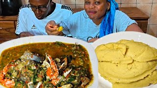 ASMR Mukbang | Cook And Eat With Us mouthwatering Okra Soup And Unripe plantain fufu screenshot 4
