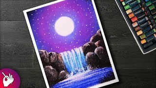 How to DRAW Moonlight waterfall Scenery with Oil Pastels step by step