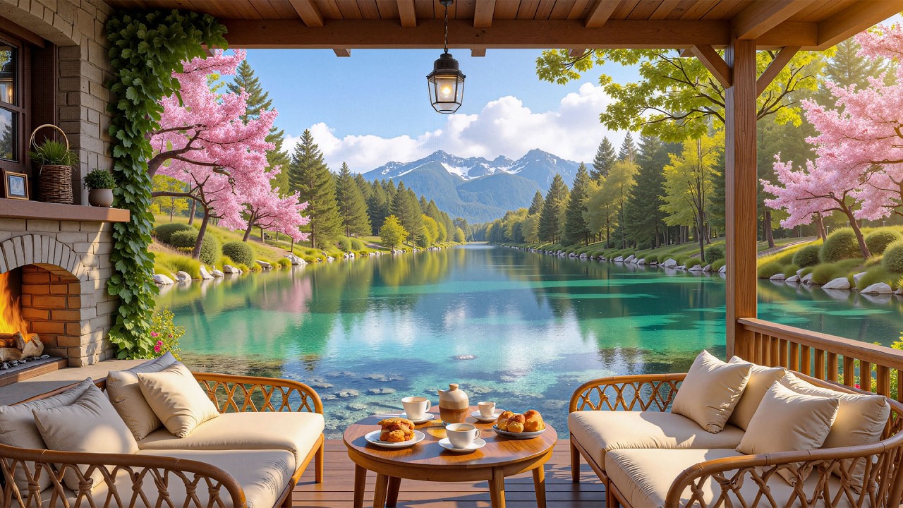 Веранда домика на озере Спринг-Лейк 🌸 Камин и вид на горы. Утренняя атмосфера.