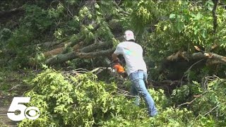 Volunteers help clean up storm debris near War Eagle Mill in Rogers