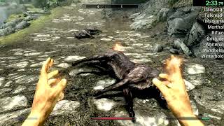 Speedrun to visit all Skyrim cities. Randomized doors. Sub 4:06:27 to beat DougDoug. Death = Delete.