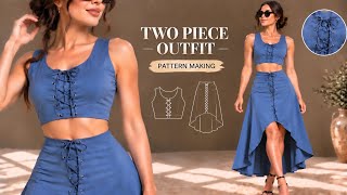 👗How To Draft A Two Piece Outfit Pattern | Crop Top & High-Low Skirt Sewing Tutorial