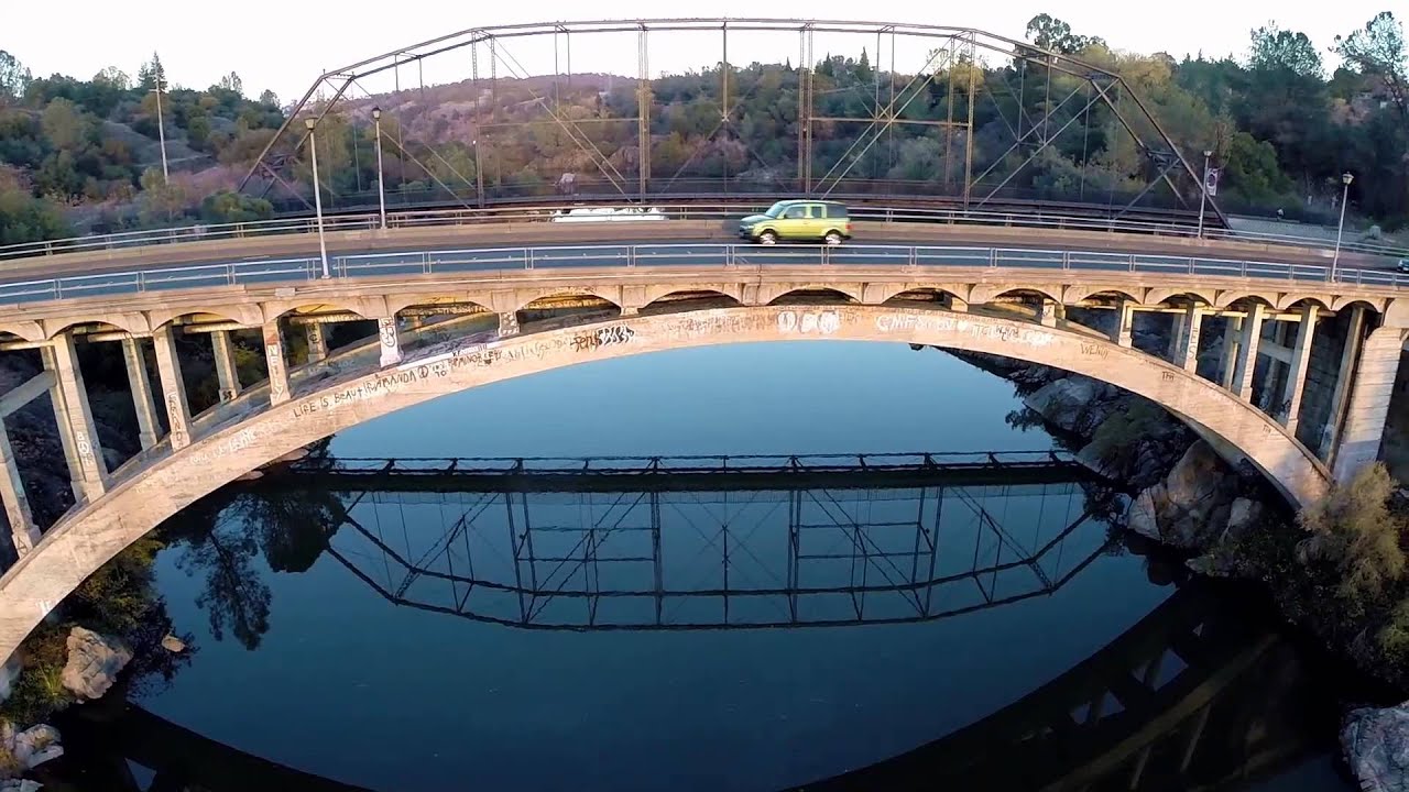 Aerial Of Rainbow And Leidesdorff Bridges At Sunset Folsom Ca