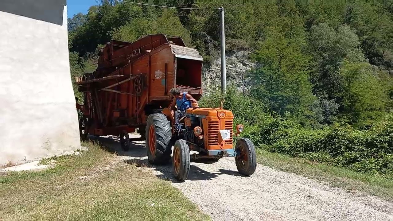 Traino trebbiatrice Saima 0,91 con trattore OM 50 R ... discesa e ghiaia