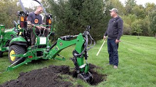 union labor struggle!  kubota bx owner evaluates john deere 1025r. planting spruce tree