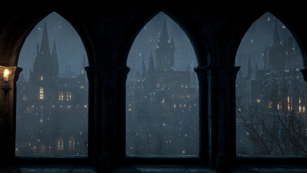 Harry Potter Winter Window View | Hogwarts Snow Ambience Wind Sounds for Study & Deep Sleep