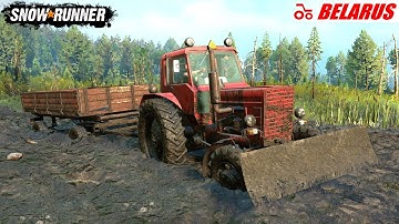 SnowRunner - MTZ 82 Tractor With Trailer Driving Through Mud