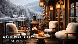 Warm Piano Jazz Music and Crackling Fireplace on a Snowy Day at Cozy Winter Porch Cafe Ambience