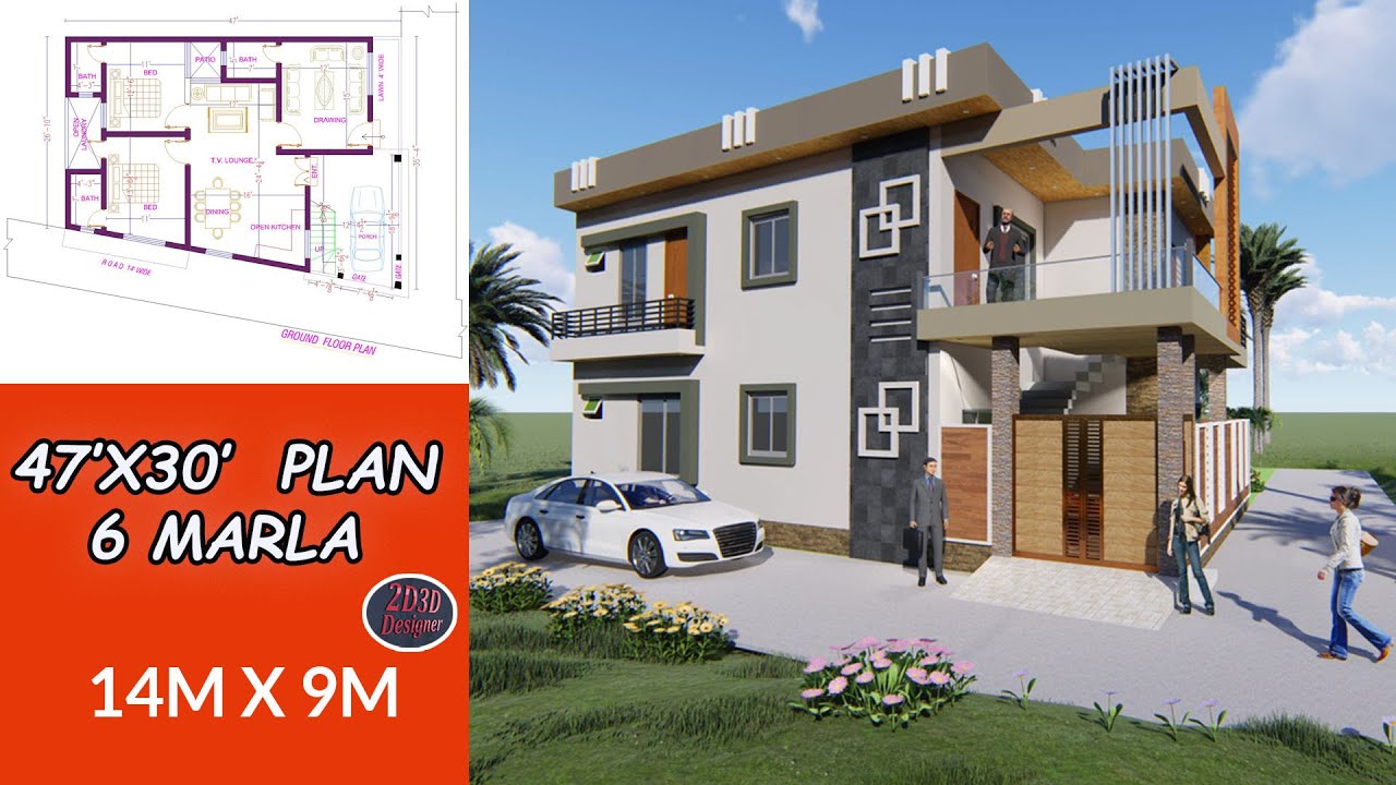 47X30 Feet House Plan 47 by 30 Home Design 6 Marla 