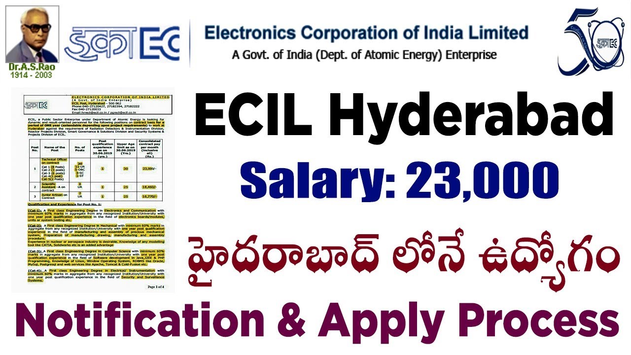 Hyderabad ECIL Recruitment 2019 in telugu Technical Officer Scientific Assistant Junior Artisan jobs
