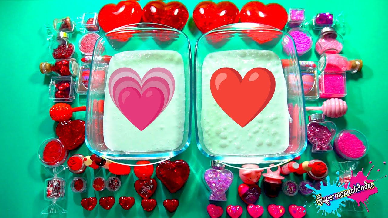 Mezclando cosas de San Valentín en Slime ( Rosa VS Rojo) - Supermanualidades