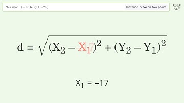 Find the distance between two points p1 (-17,69) and p2 (14,-25): Step-by-Step Video Solution