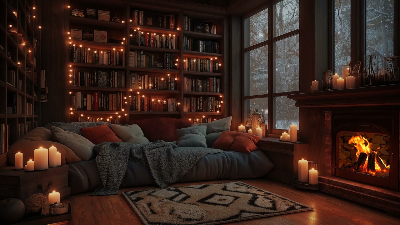 Warm Fireplace Room | Relaxing Piano & Holiday Ambience with Snow Falling for Sleep & Relaxation