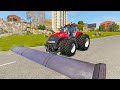 Cars vs massive speed bumps bus police car excavator tractor  beamngdrive