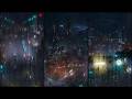 Heavy rain and thunder with beautiful view of a scifi city  ships taking off  fly by  rain sound