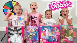 Mystery Wheel Challenge Opening Giant Box of Mattel Barbies!!