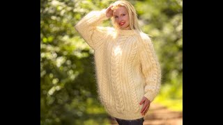 Ivory white cable knit mohair sweater designer handmade winter ski pullover by SuperTanya