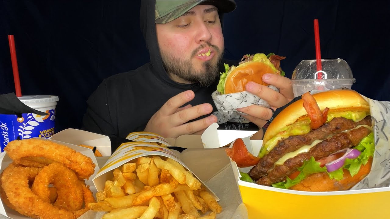 Juicy Double Bacon Burger + Onion Rings • Carls Jr / Hardee’s • MUKBANG
