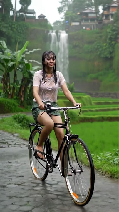 Naik sepeda ontel dengan suasana hujan deras