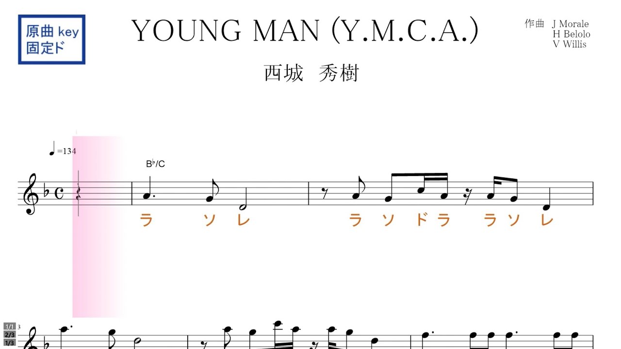 YOUNG MAN Y.M.C.A　ヤングマン（西城秀樹）原曲key固定ド読み／ドレミで歌う楽譜【コード付き】