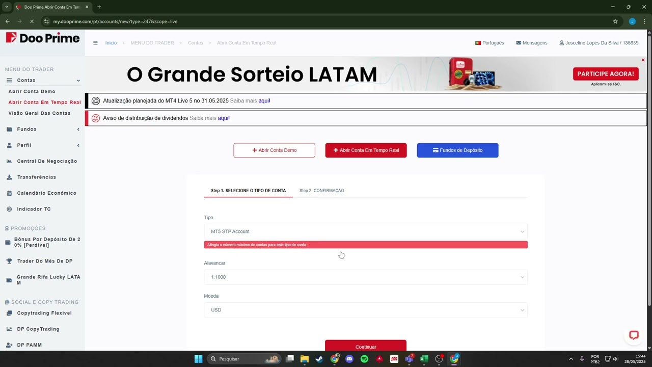 Doo prime abertura de conta MT5 nosso caso USC ou seja CENT