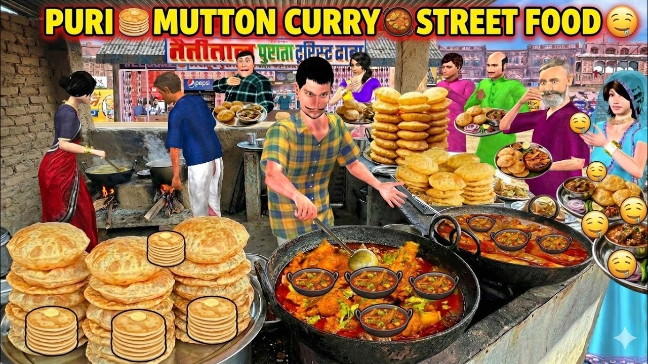 Puri Mutton Curry Street Food | Subah Subah Dhaba Mei Non Veg Nashte | Hindi Kahaniya Moral Stories