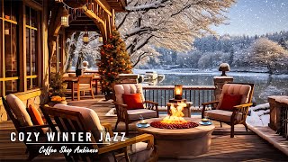 Relaxing Jazz Music In The Outdoor Cafe Porch ☕ Cozy Winter Porch Ambience & Crackling Fireplace