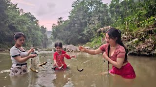 Three orphan sisters spread nets to catch fish and bathe in streams.